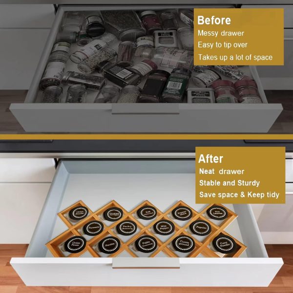 Bamboo Criss Cross Spice Rack Organizer for Cabinet, Wood Seasoning Rack Spice Holder, 18-Jar Spice Rack Tower Spice Storage for Kitchen Countertop Drawer-Jars Not Included - Image 9