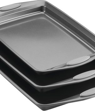 Rachael Ray Nonstick Bakeware Set with Grips, Nonstick Cookie Sheets / Baking Sheets - 3 Piece, Gray with Sea Salt Gray Grips