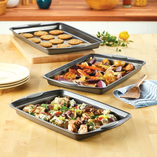 Rachael Ray Nonstick Bakeware Set with Grips, Nonstick Cookie Sheets / Baking Sheets - 3 Piece, Gray with Sea Salt Gray Grips - Image 2