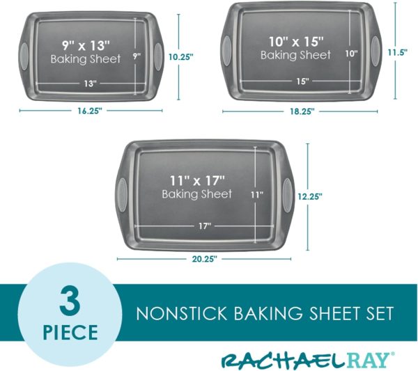 Rachael Ray Nonstick Bakeware Set with Grips, Nonstick Cookie Sheets / Baking Sheets - 3 Piece, Gray with Sea Salt Gray Grips - Image 4