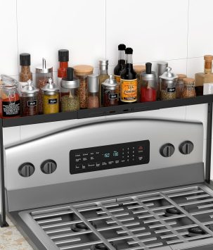 Spice Rack Shelf for Kitchen Stove, Adjustable 27 to 33 Inch Spice Rack Organizer, 4 Level Adjustable Height Stove Top Shelf for Kitchen, Over the Stove Shelf for Countertop, Black